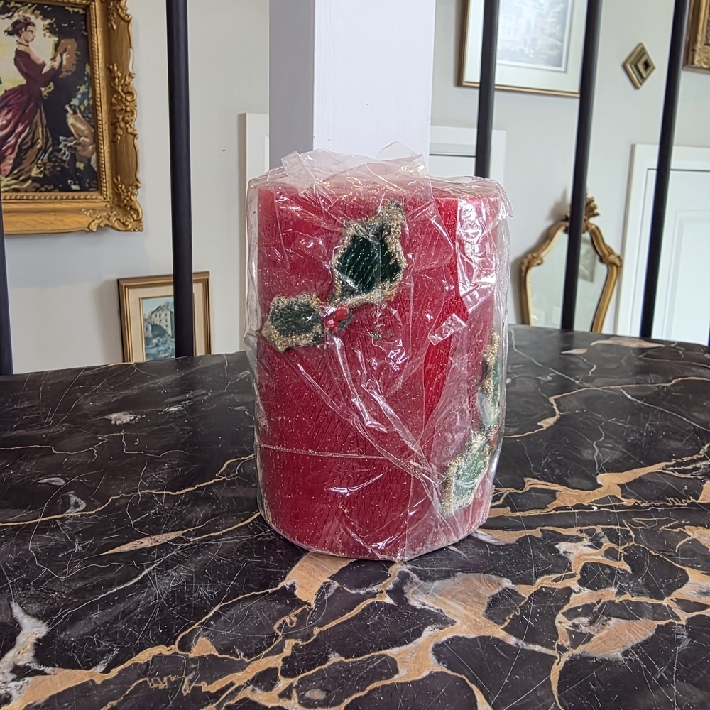 Vintage Red Candle with Holly Design